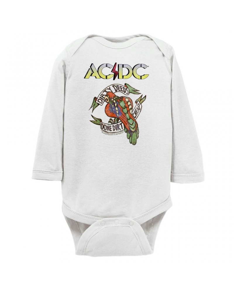 AC/DC Long Sleeve Bodysuit | Dirty Deeds Done Dirt Cheap Tattoo Design Bodysuit $10.64 Shirts